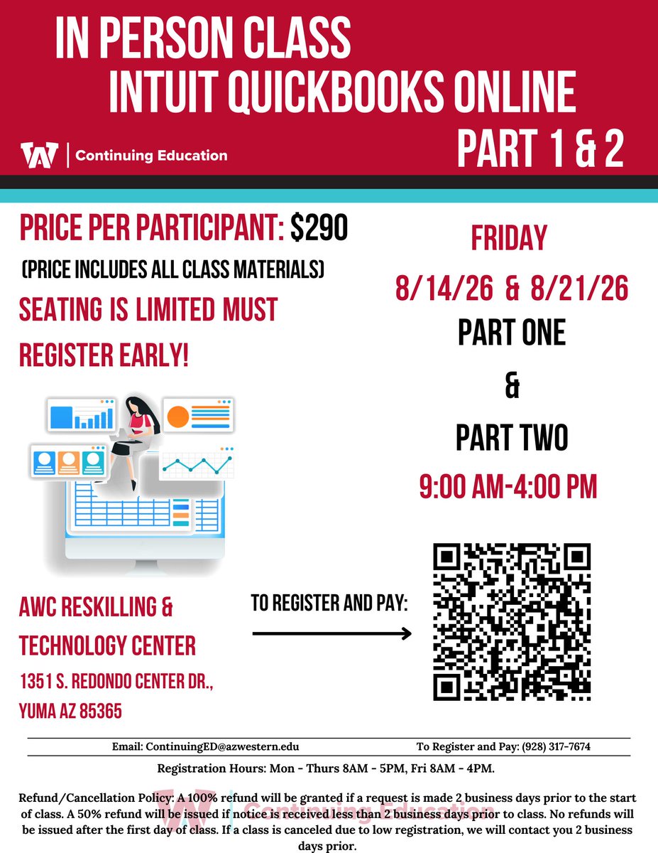 AWCCONTINUINGED's tweet photo. Join AWC Continuing Education for an upcoming Intuit QuickBooks Workshop and learn how to manage finances with confidence. Whether you’re a small business owner or looking to boost your career skills, this hands-on workshop is for you. Register now—spaces are limited! https://t.co/TgedUAHGAN