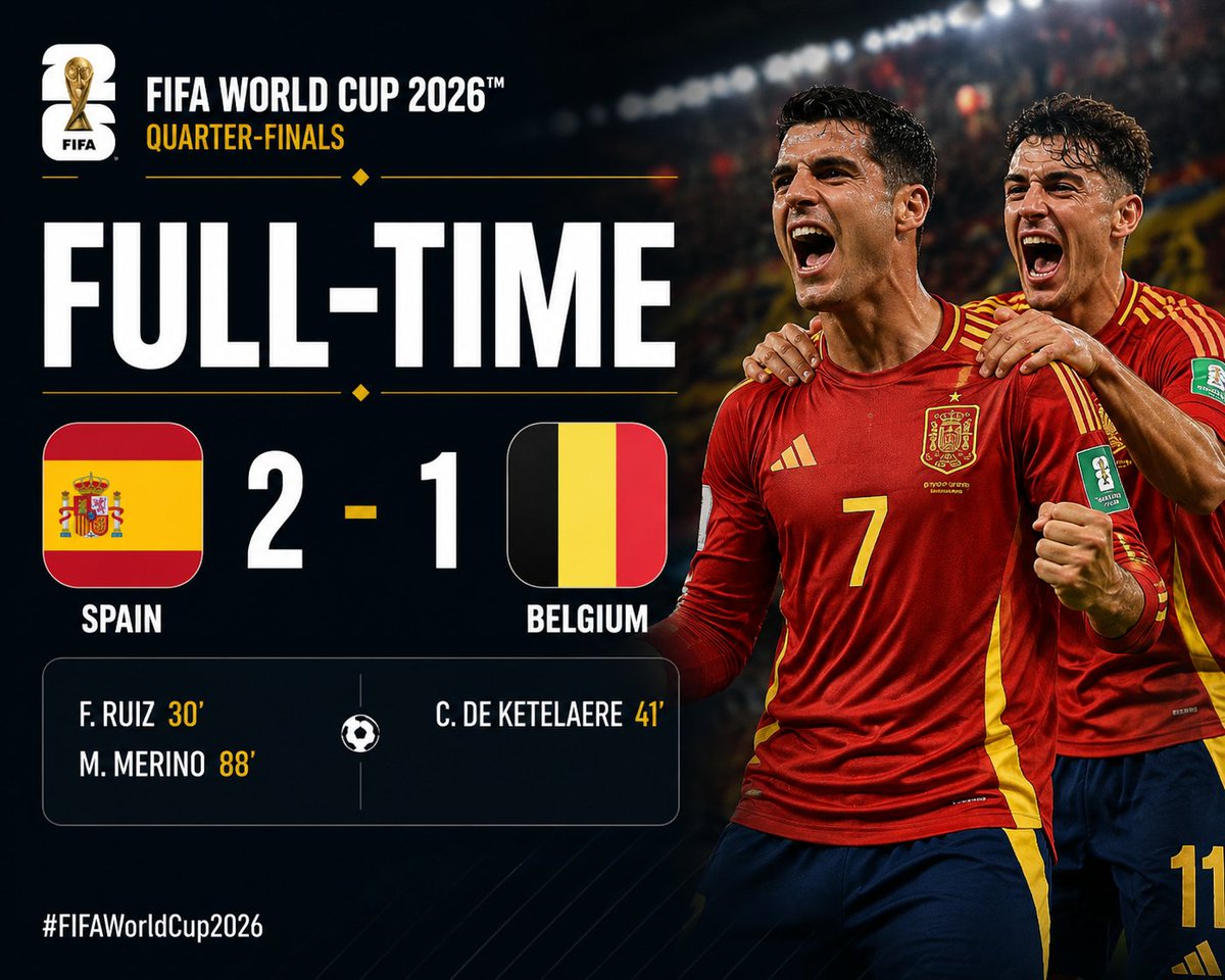IHaseebAhmed27's tweet photo. 🇪🇸 Spain leave it late to beat 🇧🇪 Belgium 2-1 and book their place in the FIFA World Cup 2026 semi-finals! 🔥
#FIFAWorldCup2026 #ESPBEL #BELESP https://t.co/unVSWVF3aX