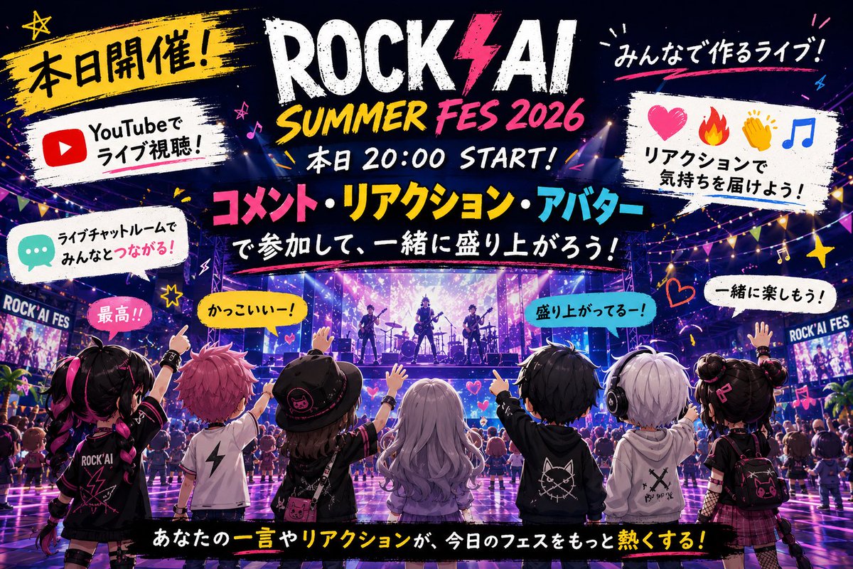utsugorou's tweet photo. 🎸 本日20:00 START

ROCK’AI SUMMER Fesは、
“みんなで作るライブ”。

ライブを観ながら、
💬 コメント
🔥 リアクション
🎭 アバターで会場参加

まるでフェス会場にいるような空間で、一緒に楽しみませんか？

🤼‍♂️登録不要で簡単ログイン🤼‍♂️

あなたの一言やリアクションが、
今日のフェスをもっと熱くします。

お気軽にお越しください〜🏝️

👇会場はコチラ(ブラウザで開く推奨)
https://t.co/hcXd5nNgkz

👇YouTubeはコチラ(キャパオーバー用)
https://t.co/Yswqxy2Evc

👇ポータルサイトはコチラ
https://t.co/uoRJfwWOSs