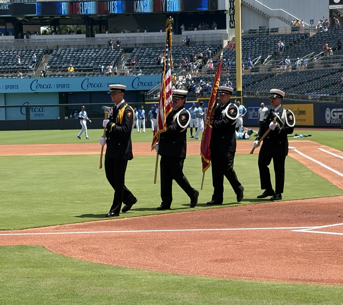 OverlandParkFD's tweet photo. The Overland Park Fire Department Honor Guard proudly presented the colors at Kauffman Stadium before Monday's Royals vs. Phillies game.
We were honored to represent our Department and the amazing communities we serve!
#goroyals https://t.co/b8DfY4PFct
