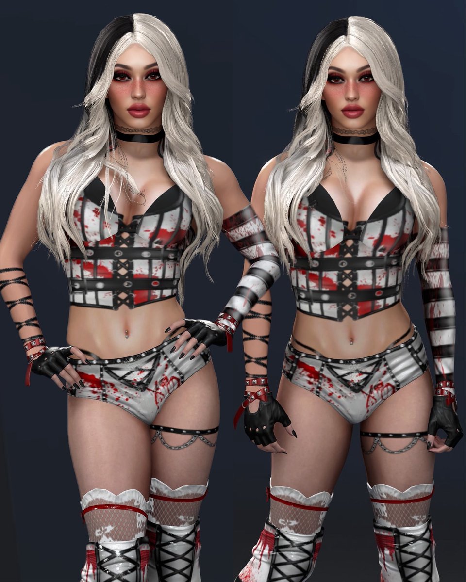 DemonHeatherRae's tweet photo. Never got to posting this set but here’s a Tatum Paxley inspired gear! Xo 🩸🖤#wwe2k26 https://t.co/vjSlbLcaVH