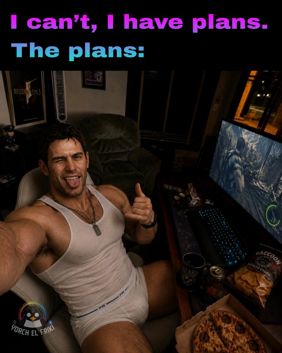 Yorchelfriki's tweet photo. Weekend priorities 🎮🍕

#ChrisRedfield  #ResidentEvil #Gaymer #Gay #YorchElFriki https://t.co/OVw92CPKLP
