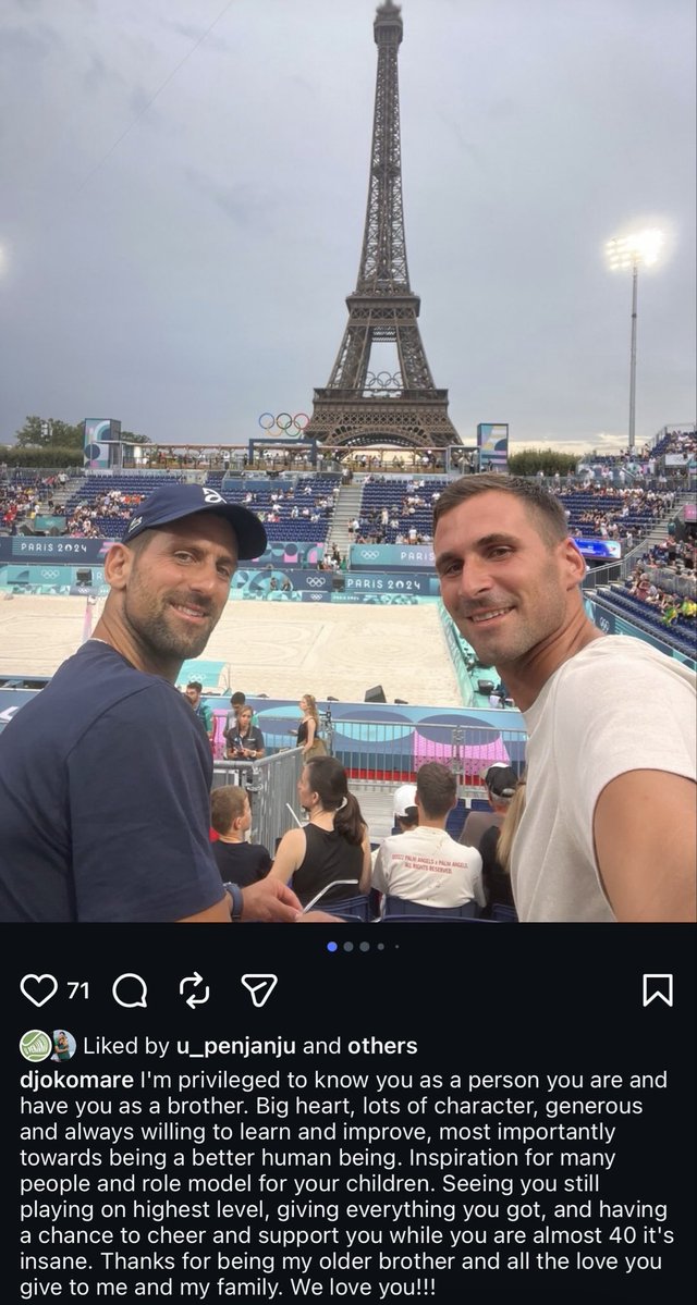 IzMogUgla's tweet photo. Marko Djokovic on his brother, Novak. ❤️

“I’m privileged to know you as the person you are and have you as a brother. Big heart, lots of character, generous and always willing to learn and improve, most importantly towards being a better human being. Inspiration for many people and role model for your children. Seeing you still playing on highest level, giving everything you got, and having a chance to cheer and support you while you are almost 40 it’s insane. Thanks for being my older brother and all the love you give to me and my family. We love you!!!”