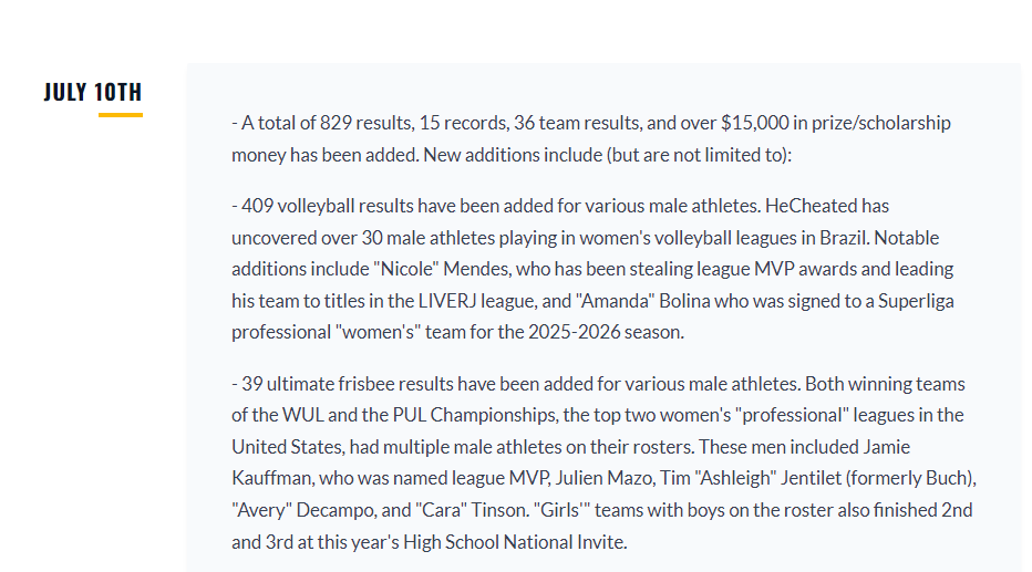 hecheateddotorg's tweet photo. 🚨Update!

Additional results have been added to the https://t.co/9dckqWqY6c website.

829 results, 15 records, 36 teams records, and $15,000 in prize money have been added. 

Male athletes have now been recorded as having participated in over 20,372 "women's" events,  winning 6,709 of these and finishing in the top three 11,411 times.

Including regular season games for team sports, men and boys have won over 14,700 competitions meant for female athletes.

With more to be added soon...