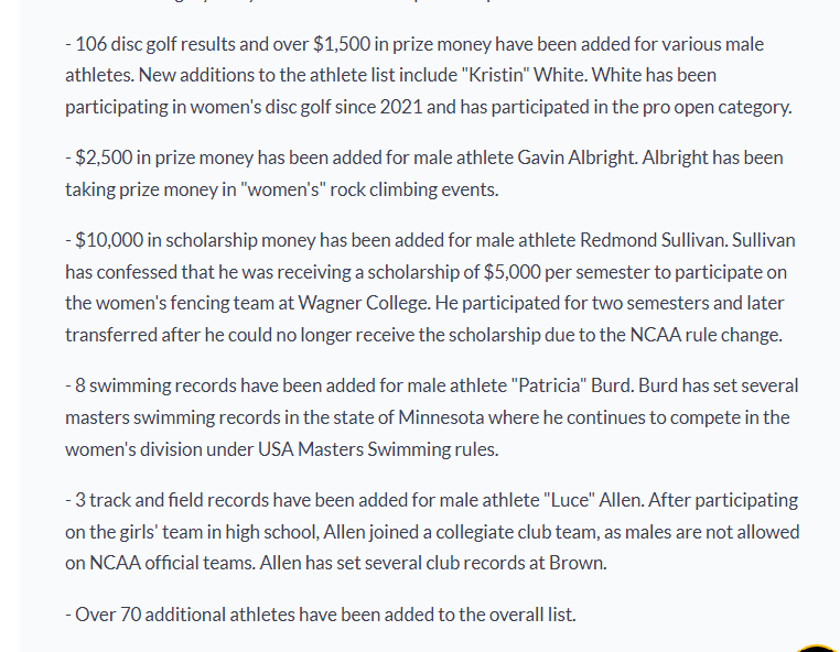 hecheateddotorg's tweet photo. 🚨Update!

Additional results have been added to the https://t.co/9dckqWqY6c website.

829 results, 15 records, 36 teams records, and $15,000 in prize money have been added. 

Male athletes have now been recorded as having participated in over 20,372 "women's" events,  winning 6,709 of these and finishing in the top three 11,411 times.

Including regular season games for team sports, men and boys have won over 14,700 competitions meant for female athletes.

With more to be added soon...