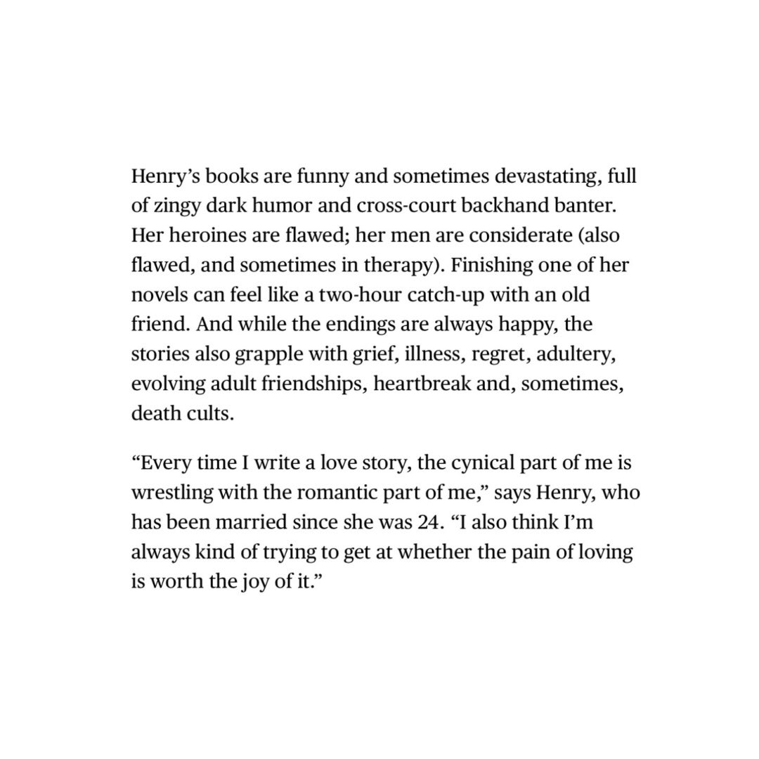 emilyhenryverse's tweet photo. “Every time I write a love story, the cynical part of me is wrestling with the romantic part of me. I also think I’m always kind of trying to get at whether the pain of loving is worth the joy of it.”

Emily Henry for Bloomberg. https://t.co/eAXEclJfKk