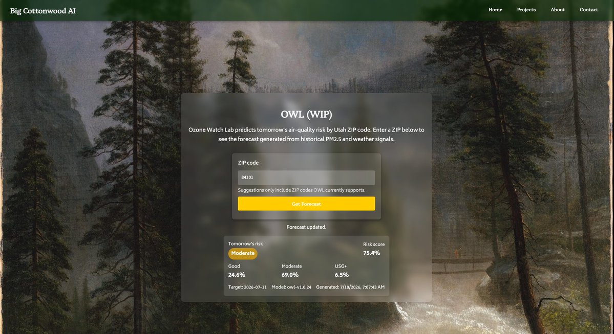 jmil3000's tweet photo. this summer I've been working on a model to predict air quality for the next day in Utah. it is live now on big cottonwood ai dot com! the predictions themselves are okay, but the real purpose was to serve a model end to end. per usual, dataset built by me as well. link below https://t.co/guTafuRS2O