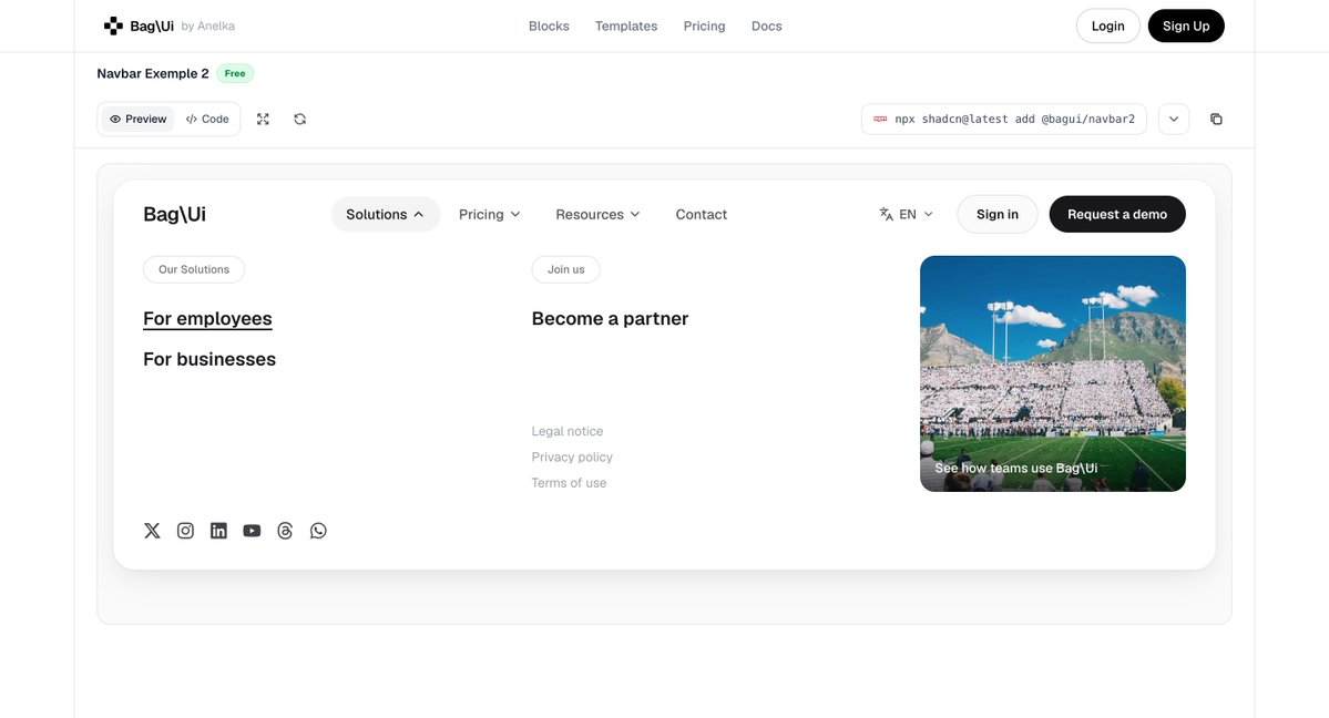 anelkabag's tweet photo. 🚀 Nouveau sur BagUI : j’ai ajouté un composant Navbar moderne et responsive, prêt à intégrer dans vos projets. Découvrez-le et dites-moi ce que vous en pensez ! 

link : https://t.co/2ZSY8ZjgOK

#BagUI #Navbar #UI! https://t.co/I8cnDcO3Yw