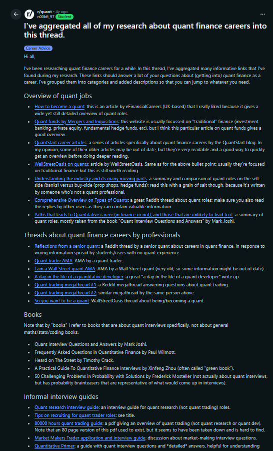gemchange_ltd's tweet photo. A guy spent months researching how to break into quant finance.

Then he put every single link he found into one thread FOR FREE

This is the industry where new grads clear $500k+

And he just compiled the entire roadmap in one post:
> Overviews that explain what quant roles actually are (QT vs QR vs QD)

> Real interview guides for trading, research, AND dev
 The 5 books that matter  including the legendary "green book"

> Mental math + probability drills that mirror real assessments

> A hand-curated list of firms and open jobs