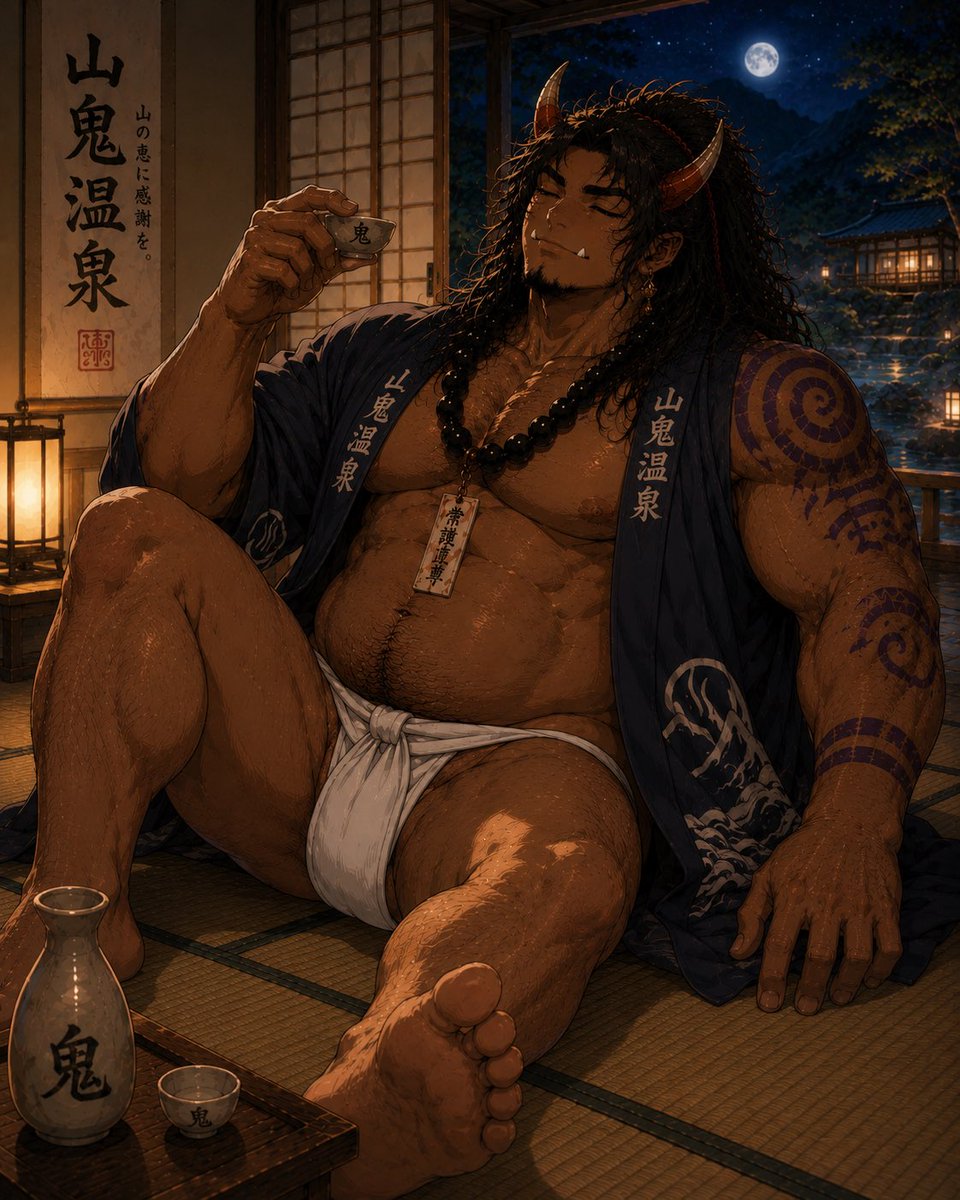 GiantBaraSol's tweet photo. You have to relax at some point right?#oni #bara #aiart #fundoshi #OC #heartbound https://t.co/HP1wWcRyRw