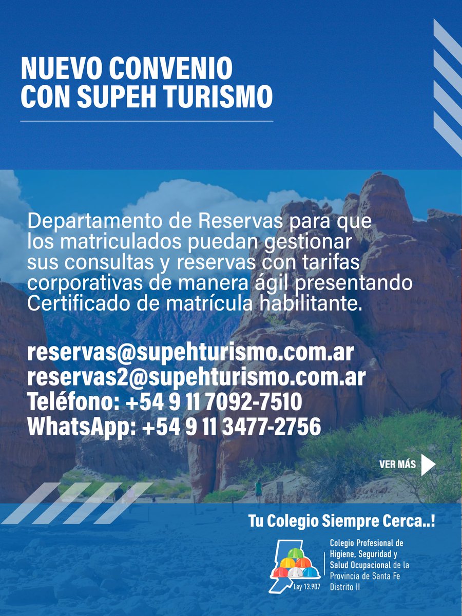 ColegioHyS's tweet photo. Nuevo Convenio con Supeh Turismo. 
Departamento de Reservas para que los matriculados puedan gestionar sus consultas y reservas con tarifas corporativas de manera ágil presentando Certificado de matrícula habilitante:
Correo: reservas@supehturismo.com.ar https://t.co/YR0xLII5Id