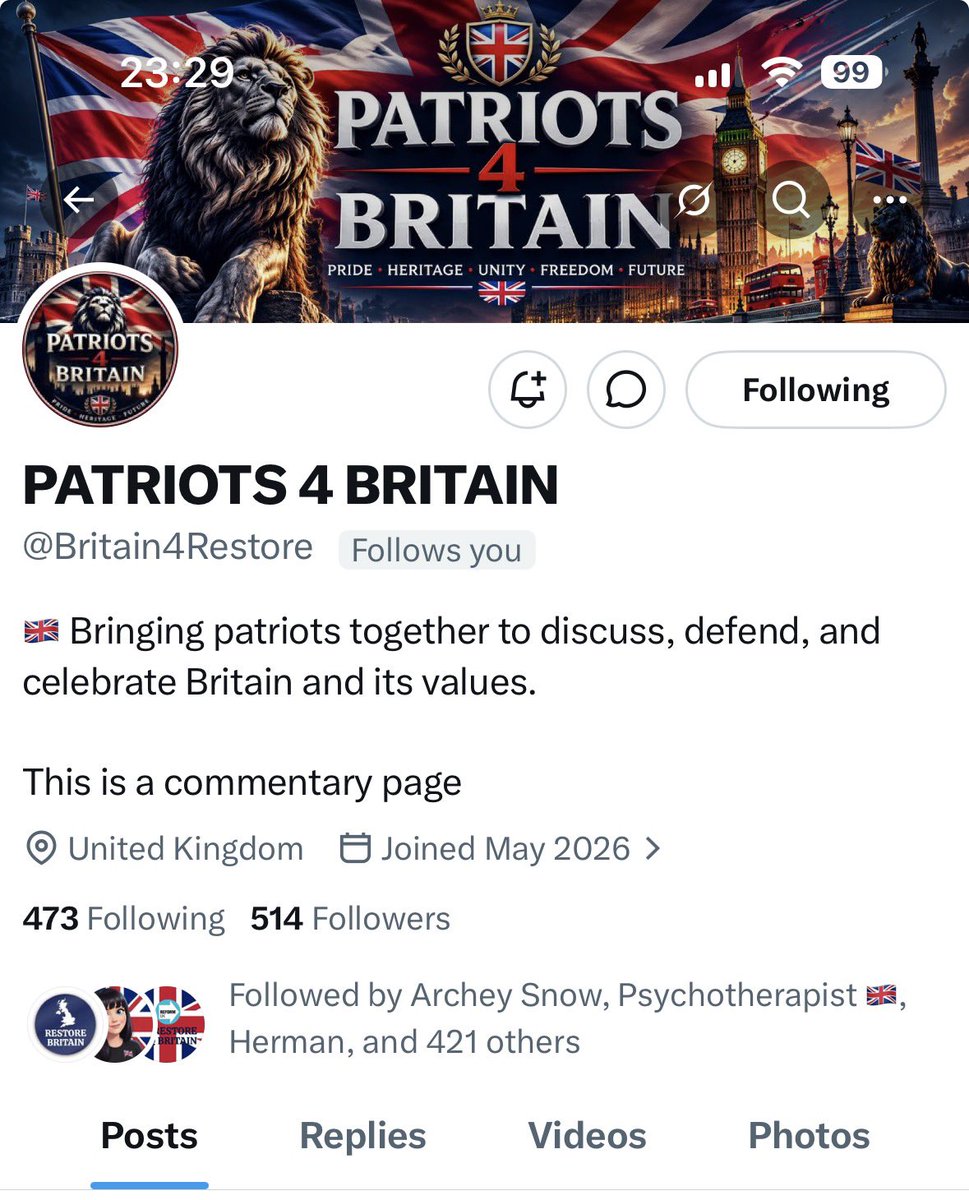 Anon7127's tweet photo. @Britain4Restore is on 514,needs a follow please guys🫡🇬🇧 https://t.co/yDLyQlwlVu