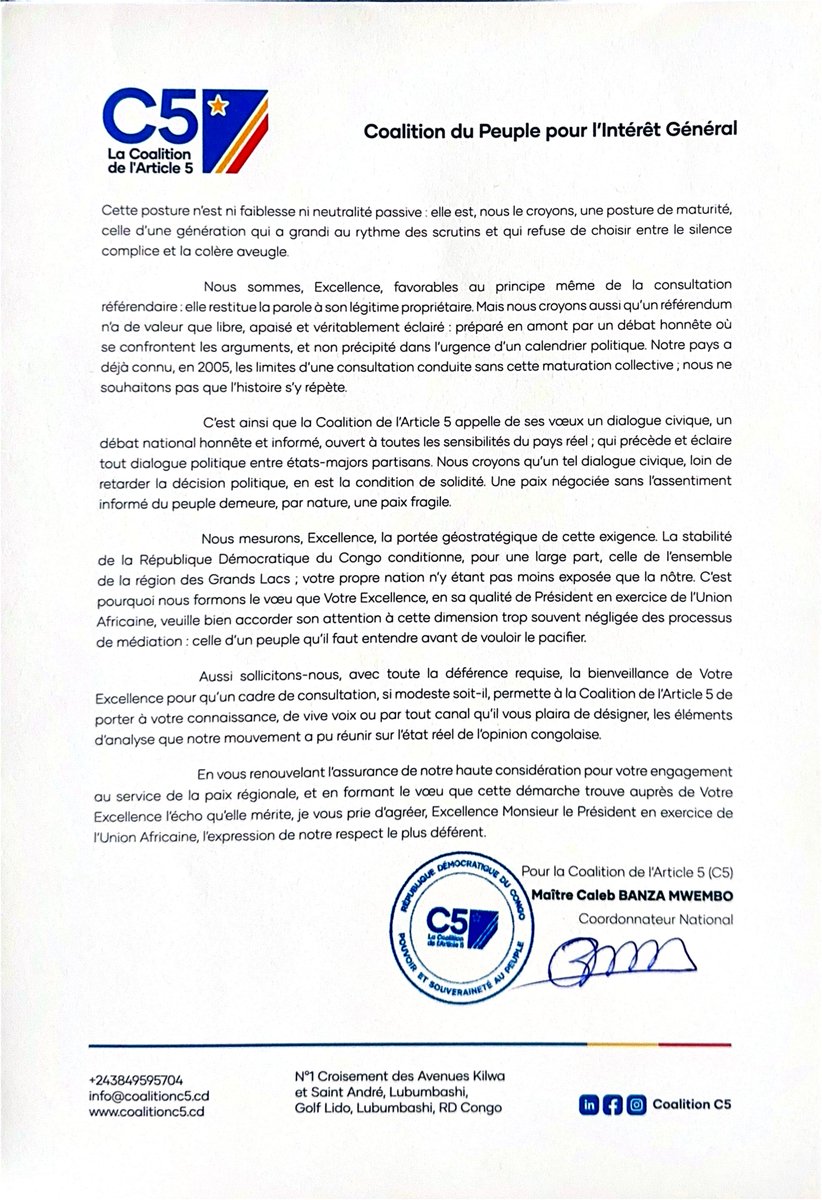 pascal_mulegwa's tweet photo. Crise politique, changement de la constitution #RDC 🇨🇩 ... la Coalition C5 de @CalebBanza a officiellement saisi le Président en exercice de l'Union africaine #UA, Évariste Ndayishimiye, pour plaider en faveur d'un "dialogue civique inclusif" avant toute grande décision politique. 

Le mouvement affirme que la paix durable ne peut se construire sans l'adhésion du peuple congolais et appelle à replacer les citoyens au cœur du processus. 

La C5 affirme souhaite exposer au président en exercice de l'Union africaine son analyse de « l'état réel de l'opinion congolaise ».

(Courrier) #Politique #UA