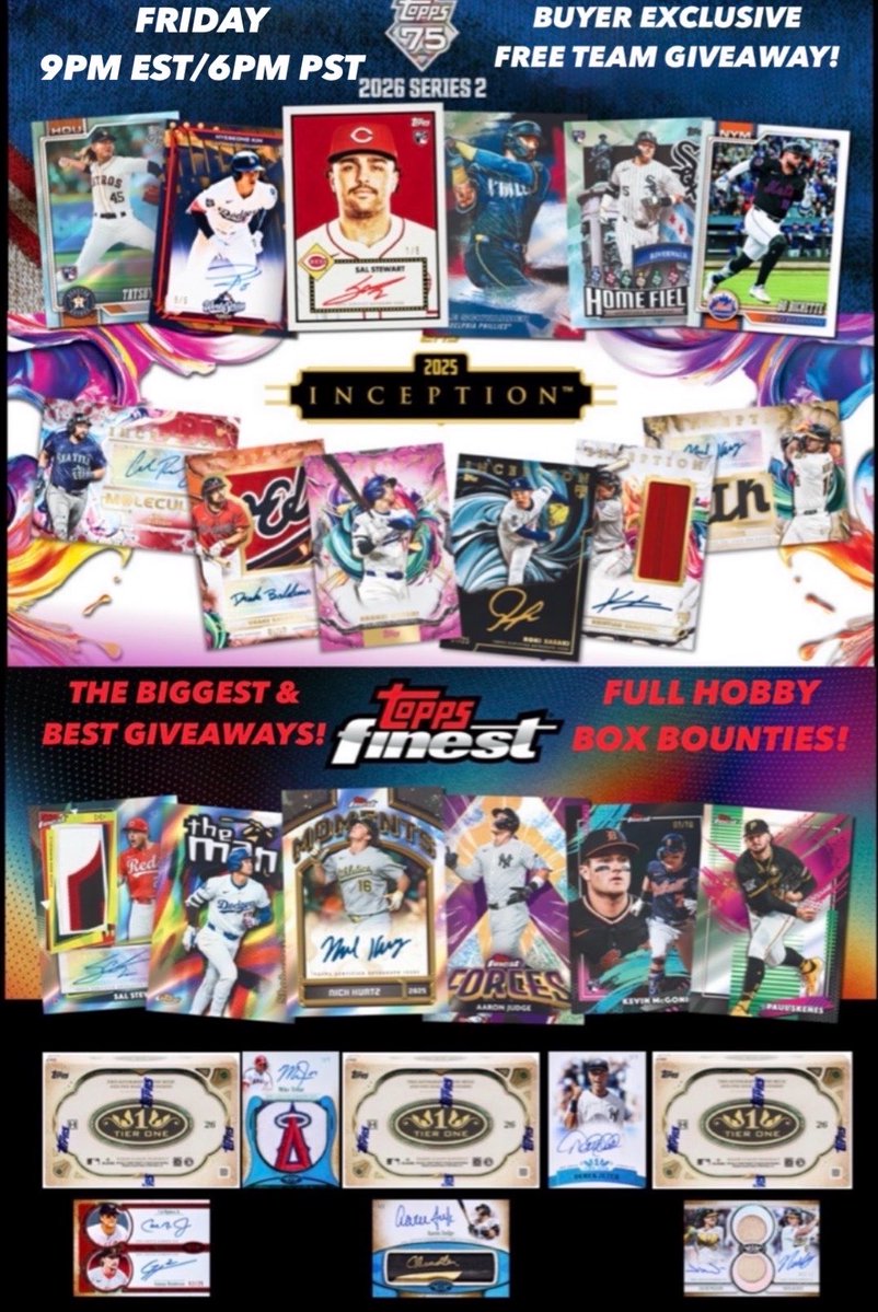 TresorSports's tweet photo. Friday #BaseballCards #HobbyBreaks
2026 #Topps Tier One
2026 #ToppsFinest
2026 #ToppsSeries2 Hobby & Jumbo
2025 Topps Inception
Big ⭐️ #Autos
Sick #Giveaways like Topps Series 2 #AllStarGame Megas
#SportsCards #thehobby
FRI - 9PM EST/6PM PST
#whatnot
https://t.co/wYg2ZcLm7b https://t.co/PNCq5igXvo