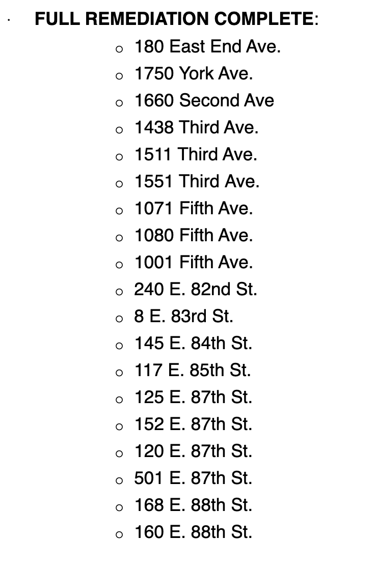 MarkLevineNYC's tweet photo. NEW: NYC Health Dept has released addresses of 31 Upper East Side buildings with cooling towers that have tested positive for presence of Legionella bacteria, based on PCR screening.

Every building identified has been ordered to clean and disinfect its cooling tower immediately out of an abundance of caution, and remediation is expected to be completed for all buildings on the list by tomorrow, July 11.

Important to note: A positive PCR test result does not confirm that a building is the source of the current outbreak. PCR testing detects the presence of Legionella bacteria but cannot determine whether the bacteria are alive or dead. Only live Legionella bacteria can cause illness.

Health Dept is conducting culture testing on every cooling tower sampled. Those results take up to two weeks and will help investigators determine whether any of the cooling towers had live Legionella growing at the time the sample was taken.

As of last night, 46 people have been diagnosed with Legionnaires’ disease in connection with this cluster. 22 remain hospitalized. 19 have been discharged. Thankfully there have so far been no fatalities.

If you live, work, or have recently visited the area (zip codes 10028, 10128 & 10075) continue to monitor for flu-like symptoms, and contact a healthcare provider ASAP if any occur.