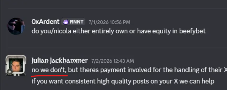 0xArdent's tweet photo. 🚨Casino streamers Julian "@JulianJackhammer" Azzopardi and Nicola "@NicolaTx" Tollon are secretly the owners of the Solana casino they shill, "Beefybet". They lied about it on record, are hiding behind a non-existent company, threatened someone who has proof, and don't want the community to know as they plan to exit scam & get away with it. 

If you've been around long enough, this will remind you of TmarTn and Syndicate's CSGOLotto scam (https://t.co/iVPFzPZME9). 

We've put together on-chain transactions, company filings, and confidential DMs below to corroborate everything we've said. 🧵