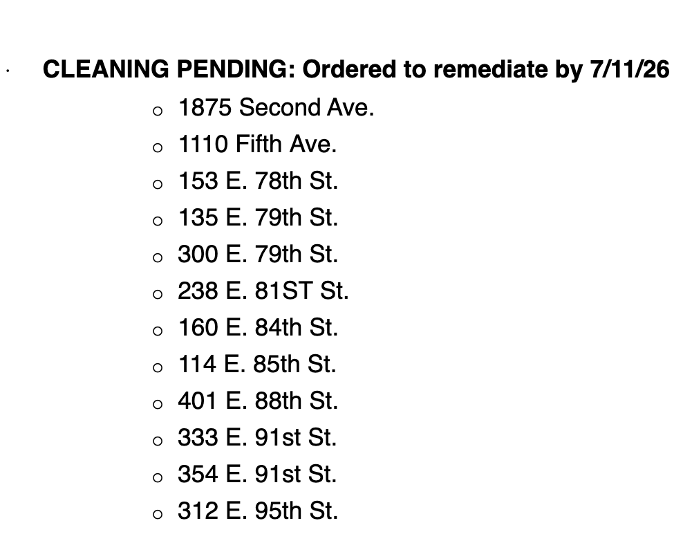 MarkLevineNYC's tweet photo. NEW: NYC Health Dept has released addresses of 31 Upper East Side buildings with cooling towers that have tested positive for presence of Legionella bacteria, based on PCR screening.

Every building identified has been ordered to clean and disinfect its cooling tower immediately out of an abundance of caution, and remediation is expected to be completed for all buildings on the list by tomorrow, July 11.

Important to note: A positive PCR test result does not confirm that a building is the source of the current outbreak. PCR testing detects the presence of Legionella bacteria but cannot determine whether the bacteria are alive or dead. Only live Legionella bacteria can cause illness.

Health Dept is conducting culture testing on every cooling tower sampled. Those results take up to two weeks and will help investigators determine whether any of the cooling towers had live Legionella growing at the time the sample was taken.

As of last night, 46 people have been diagnosed with Legionnaires’ disease in connection with this cluster. 22 remain hospitalized. 19 have been discharged. Thankfully there have so far been no fatalities.

If you live, work, or have recently visited the area (zip codes 10028, 10128 & 10075) continue to monitor for flu-like symptoms, and contact a healthcare provider ASAP if any occur.