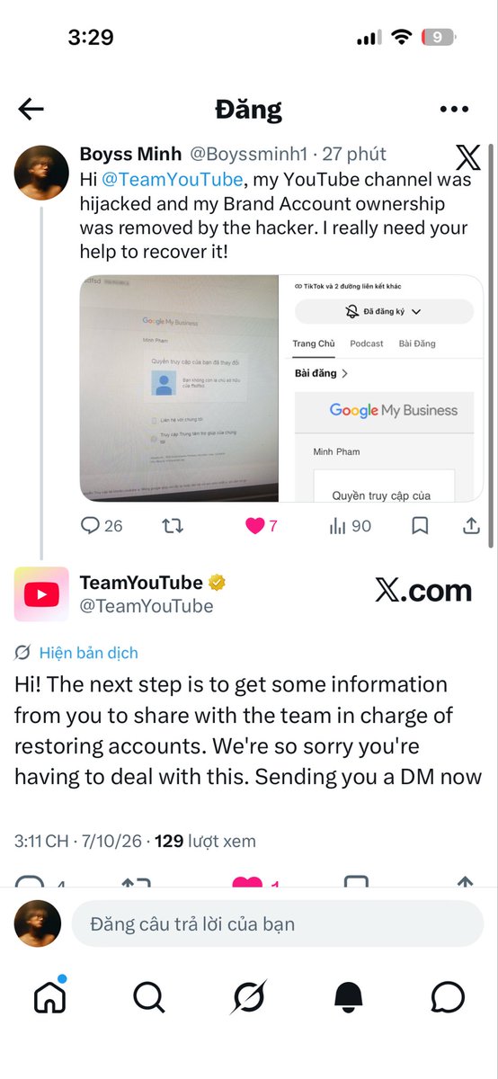 Boyssminh1's tweet photo. @TeamYouTube @Hutingqinq6wr Please reply to me, help me get my channel back, thank you very much.🙏🏻🙏🏻😞 https://t.co/SgYm8ivl0J
