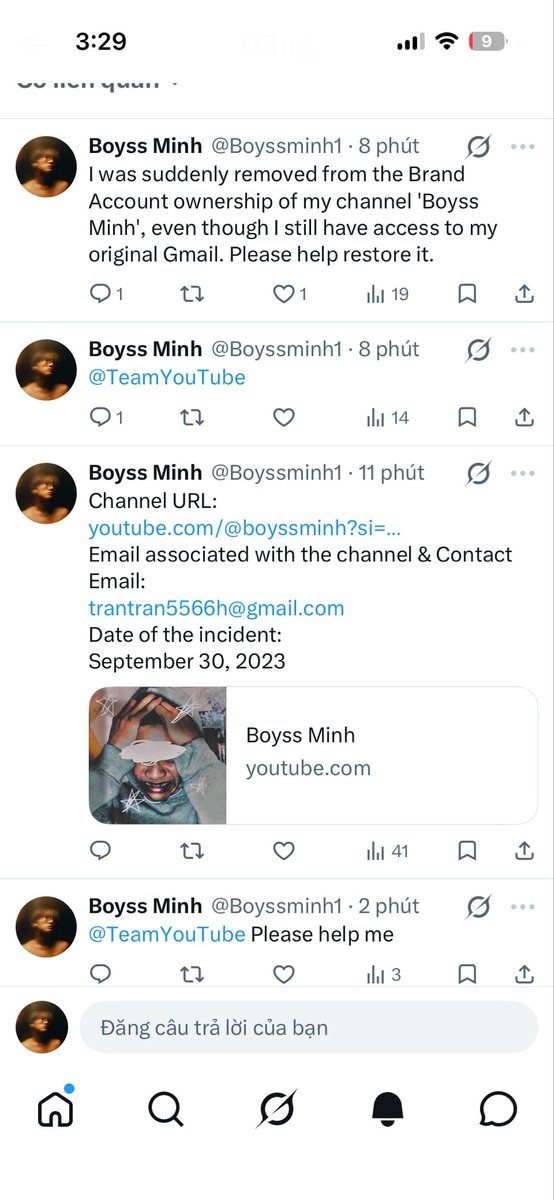 Boyssminh1's tweet photo. @TeamYouTube @Hutingqinq6wr Please reply to me, help me get my channel back, thank you very much.🙏🏻🙏🏻😞 https://t.co/SgYm8ivl0J