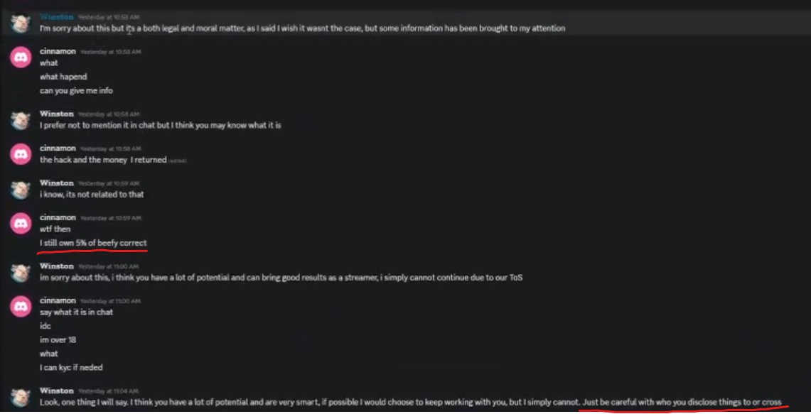 0xArdent's tweet photo. To avoid handing over the 5%, they suddenly cited an anonymous report claiming the streamer was "underage," and used it to cut his streams and void the 5% equity under "TOS." He provided full KYC (literally sending his passport photos over Discord) to disprove it - they moved the goalposts and refused it anyway. Then Winston deleted all messages about this interaction, and (now holding the streamer's most sensitive ID documents) warned him to "be careful with who you disclose things to or who you cross." They obtained his documents under a false pretext, then used them as leverage to keep him quiet.