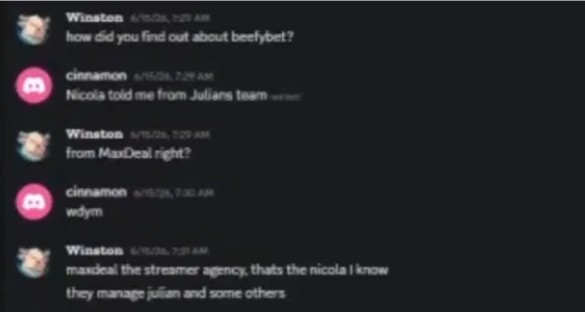 0xArdent's tweet photo. One more layer. Nicola and Julian also secretly own the agency funneling streamers to Beefybet: Maxdeal. They publicly claim to "manage" Julian, while owning the agency, the casino, and the talent pipeline feeding it. The Maxdeal account (@MaxDealio) gives itself away: it used to manage Cashcowgg's posts and still has replies sitting on old Cashcow posts. It's the same account, same people, and same project lineage. And to lure in growing casino streamers, the agency uses Julian's own inflated affiliate numbers as "proof" it works, then funnels those streamers, and their unsuspecting audiences, straight to the scam site the same people own. Every arrow points back to Nicola and Julian.