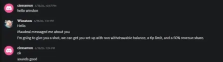 0xArdent's tweet photo. One more layer. Nicola and Julian also secretly own the agency funneling streamers to Beefybet: Maxdeal. They publicly claim to "manage" Julian, while owning the agency, the casino, and the talent pipeline feeding it. The Maxdeal account (@MaxDealio) gives itself away: it used to manage Cashcowgg's posts and still has replies sitting on old Cashcow posts. It's the same account, same people, and same project lineage. And to lure in growing casino streamers, the agency uses Julian's own inflated affiliate numbers as "proof" it works, then funnels those streamers, and their unsuspecting audiences, straight to the scam site the same people own. Every arrow points back to Nicola and Julian.