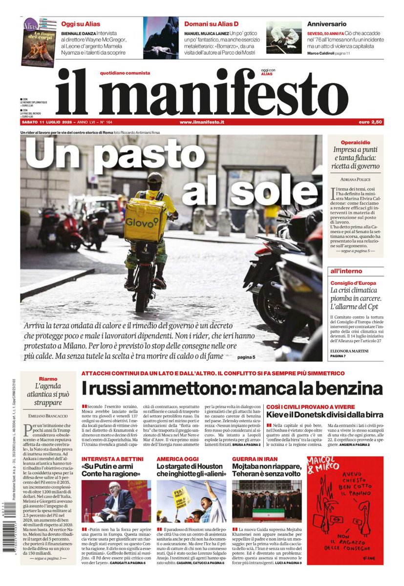 ilmanifesto's tweet photo. Arriva la terza ondata di calore e il rimedio del governo è un decreto che protegge poco e male i lavoratori dipendenti. Non i rider, che hanno protestato a Milano. Per loro c'è lo stop delle consegne nelle ore più calde. Ma senza tutele la scelta è tra morire di caldo o di fame https://t.co/dDBXypFS6u