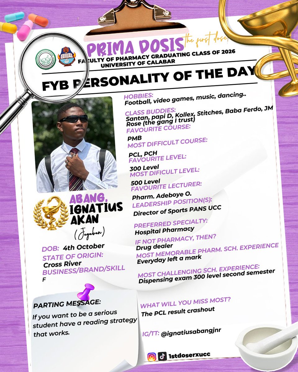 PANSUNICAL's tweet photo. FYB Personalities of the Day 🎓 Celebrating two of Pharmacy UNICAL's finest pioneers, Rose Ojaugu Oko (Riri) and Ignatius Akan Abang (Jagaban). Well done, you two 🎉

IG/TT: @riribaby100 | @ignatiusabangjnr
#PrimaDosis #PANSUNICAL https://t.co/dtVmQEVnH3