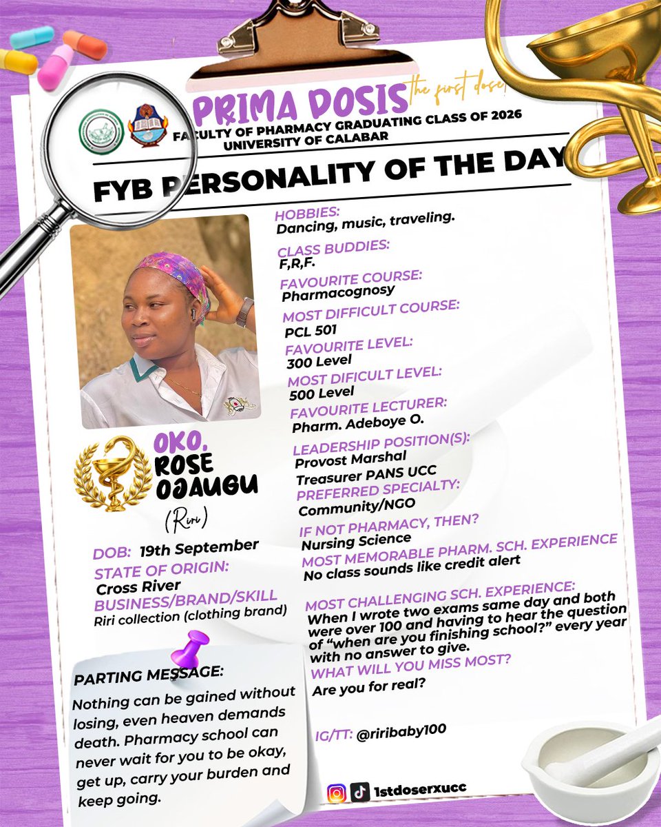 PANSUNICAL's tweet photo. FYB Personalities of the Day 🎓 Celebrating two of Pharmacy UNICAL's finest pioneers, Rose Ojaugu Oko (Riri) and Ignatius Akan Abang (Jagaban). Well done, you two 🎉

IG/TT: @riribaby100 | @ignatiusabangjnr
#PrimaDosis #PANSUNICAL https://t.co/dtVmQEVnH3