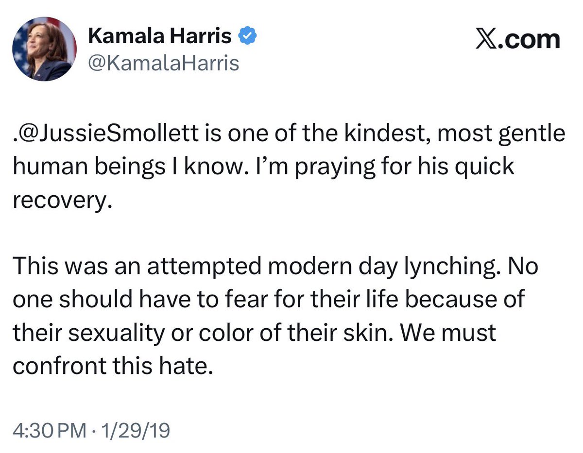 DschlopesIsBack's tweet photo. Never forget that Kamala Harris actually believed her close friend Jussie Smollett walked to Subway to get a sandwich at 2:00am during a polar vortex in Chicago and got attacked with bleach and a noose by a roving gang of white people in MAGA hats.

This post is still up, today. https://t.co/zX7cZArKtO