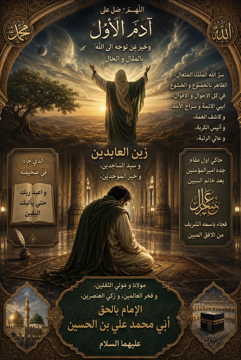 Alijak10's tweet photo. اللهم صل على آدم الاول و خير من توجه الى الله بالمقال و الحال ، سر الله الملك المتعال ، الظاهر بالخضوع و الخشوع في كل الاحوال و الاقوال ، ابي الائمة و سراج الامة ، و كاشف الغمة ، و انيس الكربة ، و عالي الرتبة ، زين العابدين ، و سيد الساجدين ، و خير الموحدين ، الذي جاء في صحيفته و اعبد ربك حتي يأتيك اليقين ، حاكي اول مقام جده اميرالمؤمنين بعد خاتم النبيين عليهما سلام الله ابد الآبدين ، فجاء باسمه الشريف من الافق المبين ، مولانا و مولي الثقلين ، و فخر العالمين ، و زكي العنصرين ، الامام بالحق ابي‌محمد علي بن الحسين عليهما السلام.