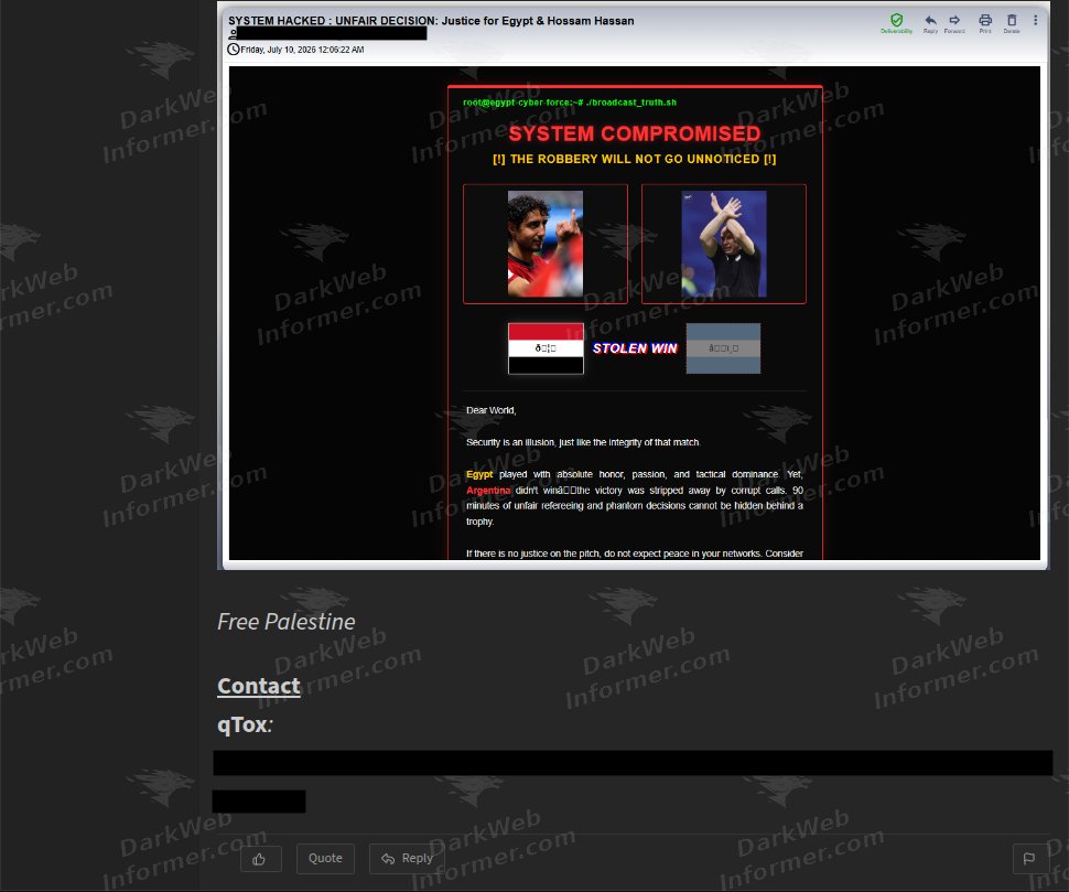 DarkWebInformer's tweet photo. 🚨🇦🇷 Argentine Football Association subdomain access allegedly listed for sale

A forum actor claims to maintain persistent control over a cluster of internal and public-facing subdomains tied to the Argentine Football Association (AFA).

The listing provides four sites as alleged proof of access, including systems related to ticket requests, user access, communications, and compliance. The actor also shared a screenshot of an apparent compromise message sent through an AFA-linked account.

This claim is currently unverified.

💥 Get early visibility into underground claims, including unblurred screenshots, before they turn into headlines: https://t.co/281Qjc6p2J