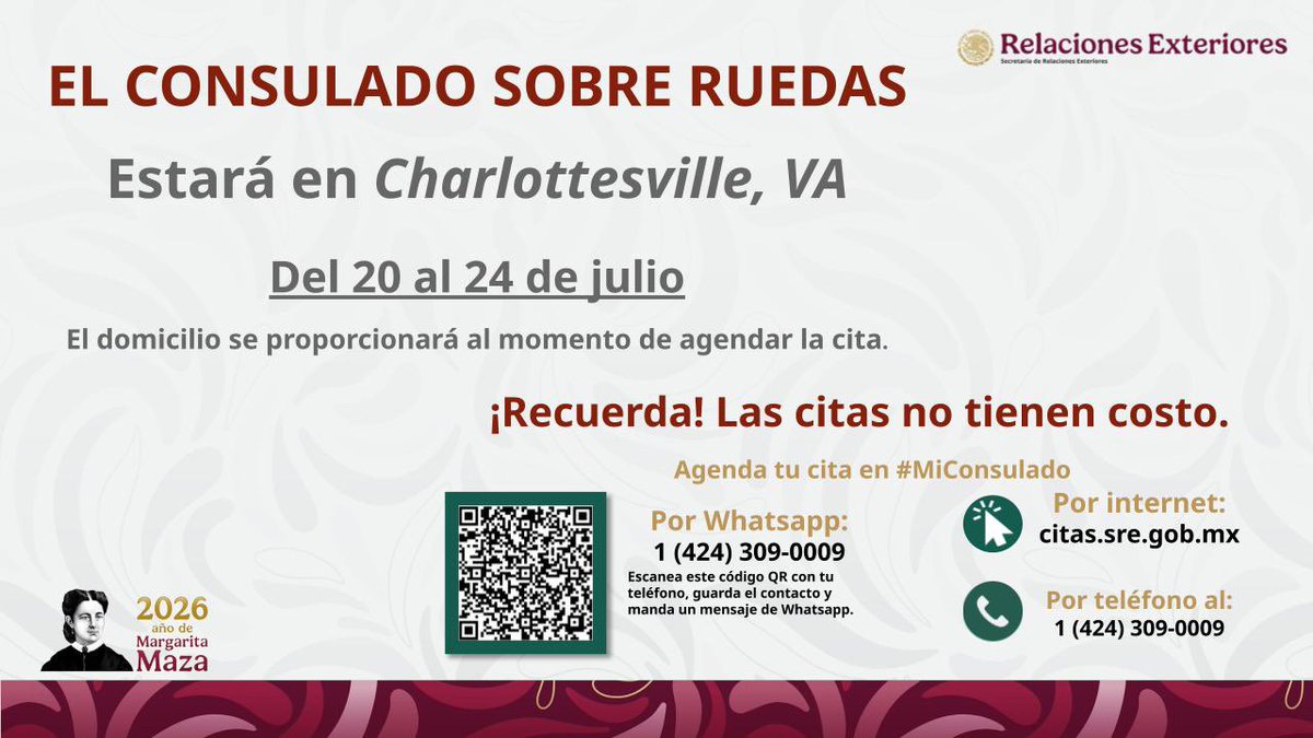 ConsulMexWas's tweet photo. 🚐🇲🇽 ¡Consulado Sobre Ruedas en Charlottesville, VA! 🇲🇽🚐

Realiza tus trámites de:
🛂 Pasaporte
🆔 Matrícula Consular
🗳️ Credencial para Votar (INE)

📅 Programa tu cita a través de MiConsulado.

⚠️ Todas las citas son gratuitas, personales e intransferibles.

¡Te esperamos! https://t.co/l2YMebyY44