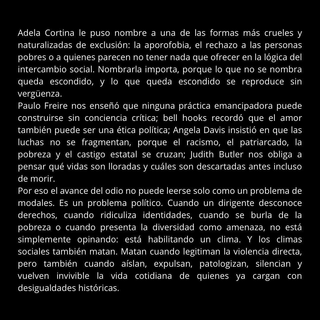 CataldoIglesias's tweet photo. EDITORIAL | Cuando el odio avanza, los derechos vuelven a estar en disputa

Los discursos de odio no aparecen de un día para otro. Se construyen, se naturalizan y terminan erosionando la convivencia democrática. Propongo reflexionar sobre cómo el odio deja de ser una opinión para transformarse en una práctica que amenaza derechos, y por qué la llamada “agenda de derechos” es, en realidad, una historia de luchas sociales por la dignidad. 👇🏽🧵
