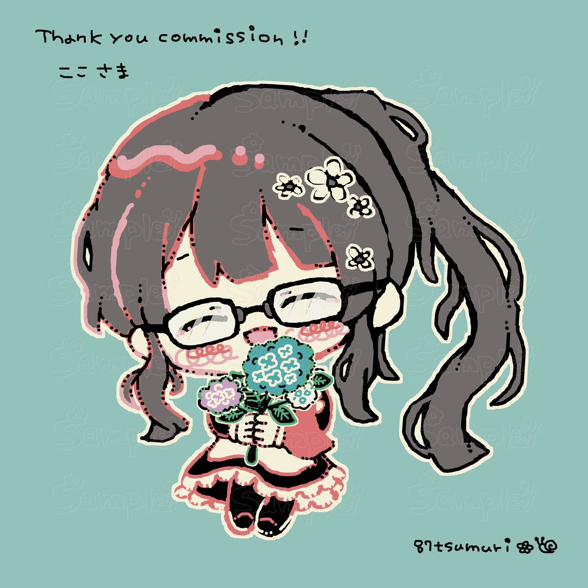 87tsumuri's tweet photo. つなぐに開設している「🍞🌼ふんわりやわらかちびキャラコミッション」にてご依頼を頂いてお描きしました！
笑顔のキャラクターと四季の花々の差分を4枚分ご依頼いただき、とても楽しく制作しごたえのあるご依頼でした🌸ありがとうございました〜！

#つなぐ #commission https://t.co/w0PEZsXGqW