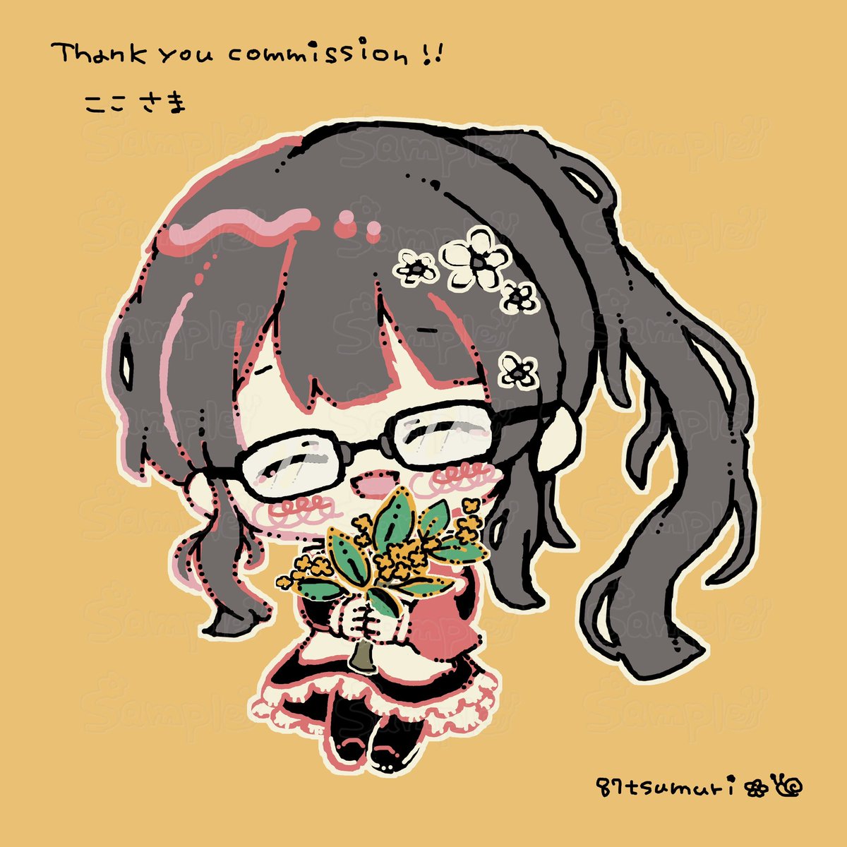 87tsumuri's tweet photo. つなぐに開設している「🍞🌼ふんわりやわらかちびキャラコミッション」にてご依頼を頂いてお描きしました！
笑顔のキャラクターと四季の花々の差分を4枚分ご依頼いただき、とても楽しく制作しごたえのあるご依頼でした🌸ありがとうございました〜！

#つなぐ #commission https://t.co/w0PEZsXGqW
