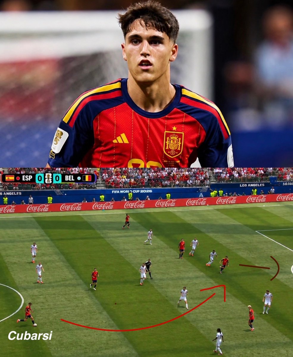 appiecule's tweet photo. What I’m about to say isn’t an exaggeration at all: no defender at this World Cup has made a bigger difference for his national team in possession than Pau Cubarsí.

Take this sequence from Spain vs. Belgium today. It happened twice. Cubarsí isn’t just breaking the opposition’s press—he’s acting as a deep-lying playmaker, threading through balls in behind the defense. He did it once for Baena in the first half and again for Lamine Yamal in the second.

What’s even more impressive is that in a game featuring players like Kevin De Bruyne and Lamine Yamal, Cubarsí finished as the joint-highest chance creator with Rodri, creating two chances. On top of that, he completed 12 passes into the final third—the most of any player—and recorded 105 touches, second only to Rodri.

It gets even better. Cubarsí has created seven chances at this World Cup, more than any other centre-back, and he also leads all defenders in line-breaking passes, averaging eight per game. He is the starting point of almost every spell of Spanish dominance in possession.

And the craziest part? We’re talking about a 19-year-old centre-back playing in the first World Cup of his career. Pau Cubarsí truly hasn’t received the recognition he deserves in this tournament.