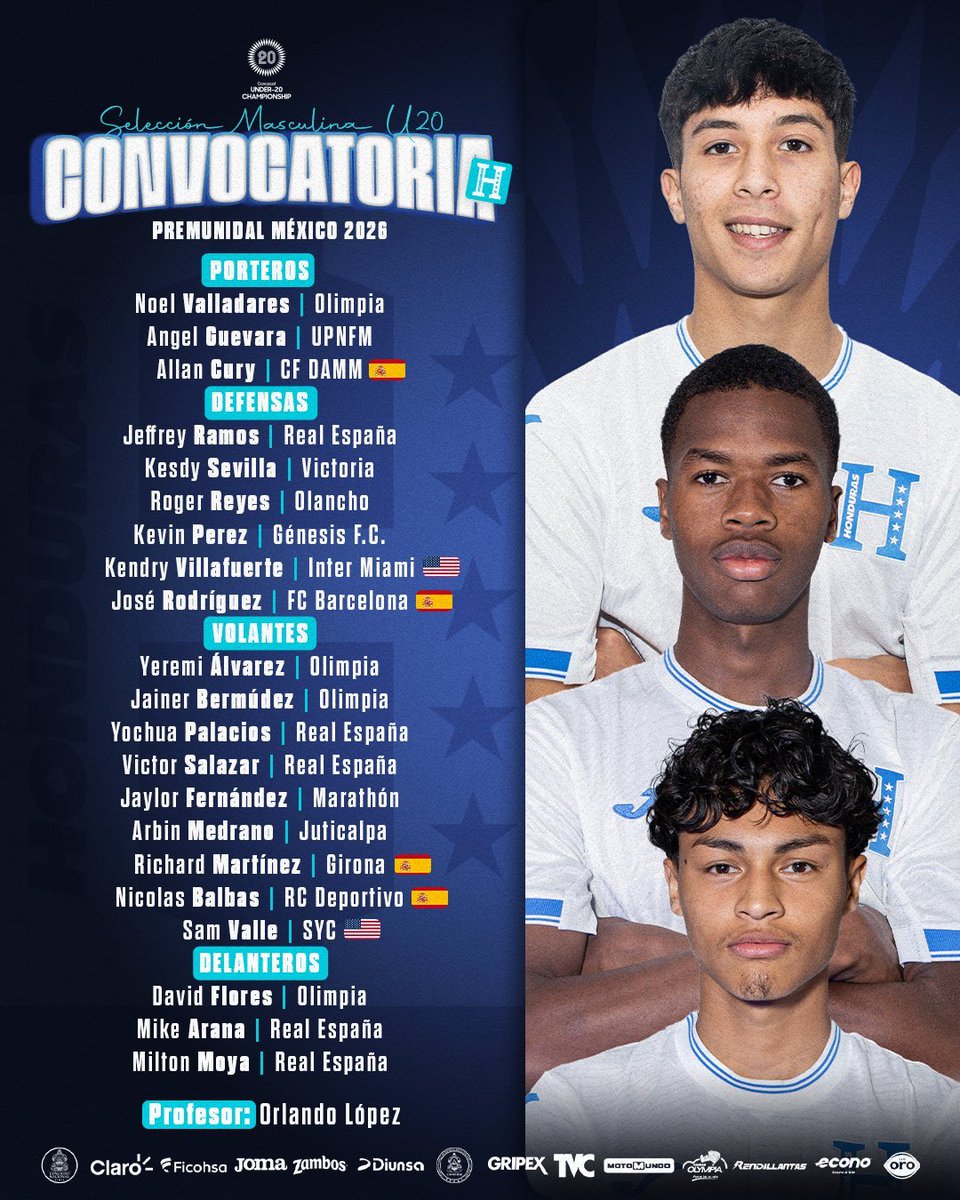 crumar92's tweet photo. 🇭🇳❌Jugadores elegibles que NO estarán con Honduras en el Premundial de México donde se buscará el boleto al Mundial Sub20 y Juegos Olímpicos de Los Ángeles: 

Adrian Vallecillo - Leixoes🇵🇹
Dereck Moncada - Lugano🇨🇭
Luis Suazo - Braga🇵🇹
Leandro Padilla - Inter Miami🇺🇸
Víctor Vandenbroucke - KAA Gent🇧🇪
Jaidyn Contreras - FC Dallas🇺🇸
Darell Oliva - Motagua
Welson Jiménez - Girona FC🇪🇸

Legionarios llamados: 

Alan Cury - CF Damm🇺🇸 
Kendry Villafuerte - Inter Miami🇺🇸
José Alfredo Rodríguez - FC Barcelona🇪🇸
Richard Martínez - Girona FC🇪🇸 
Nicolás Balbas - Deportivo La Coruña🇪🇸
Sam Valle - SYC 🇺🇸

Honduras compartirá grupo con Panamá, Canadá y Jamaica.