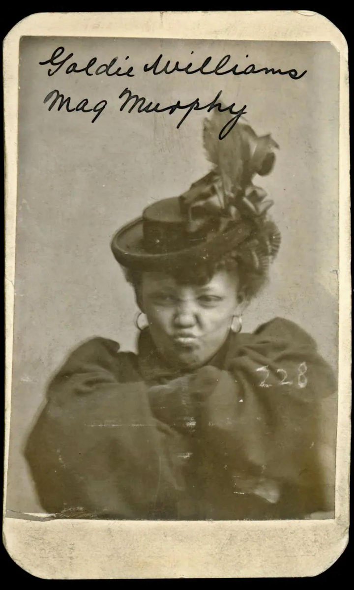 BlackMediaHub's tweet photo. Goldie Williams, a woman who was arrested for vagrancy. She refused to unfold her arms and stop making a face in this 1898 mugshot, Omaha, Nebraska. https://t.co/Cey7ciPz1X