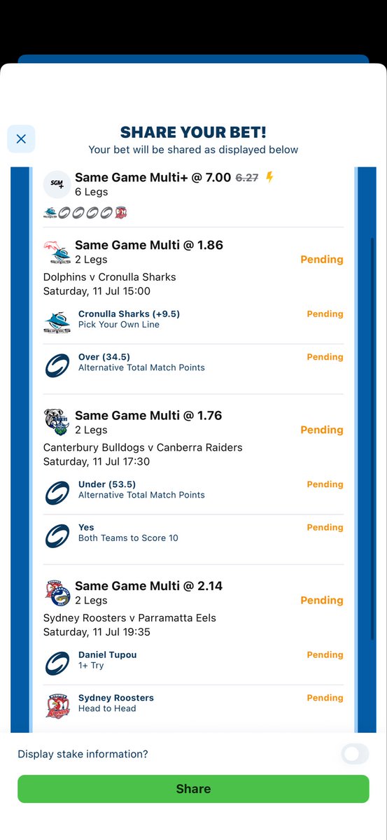 betwithgiof's tweet photo. NRL Sat 7x Multi #nrl #rugbyleague

Also taking each game as a seperate SGM double.

1U on the 7x combined parlay https://t.co/6mjMnFvsBQ