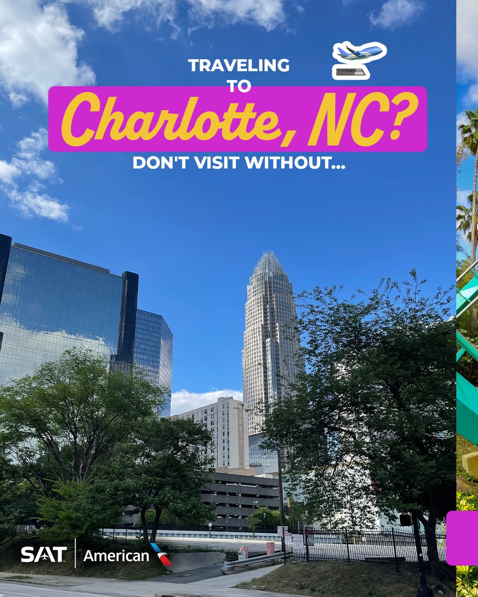 SATairport's tweet photo. Looking to add to your summer travels? Head to Charlotte, North Carolina! But before you pack your bags, add these three spots to your itinerary. ☀️🎢

Book your nonstop trip from SAT to Charlotte at https://t.co/87eCU0VkqC ✈️ https://t.co/aZg8cWyYy8