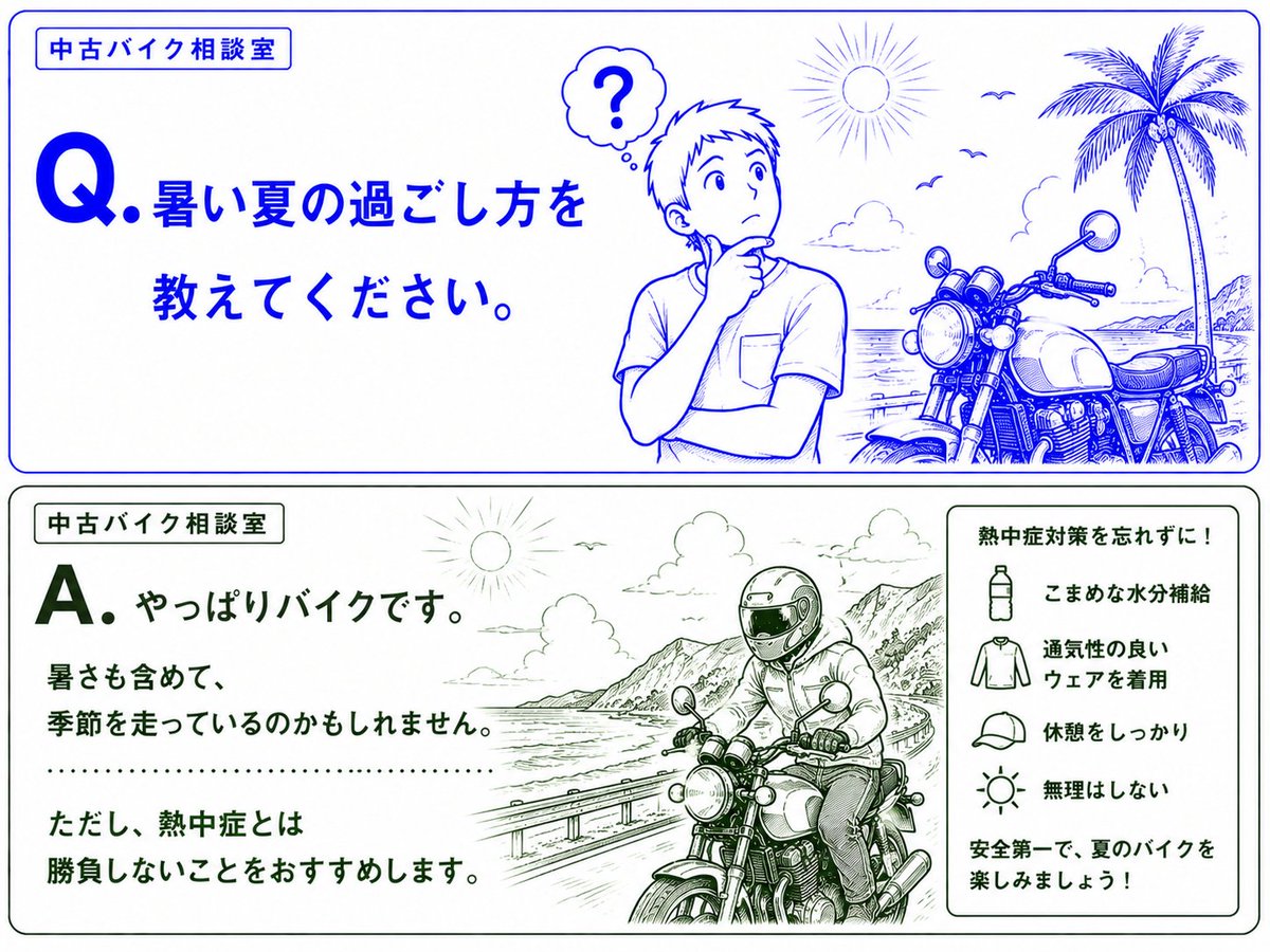 Q.暑い夏の過ごし方を教えてください。 A.やっぱりバイクです。 暑さも 