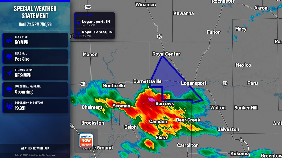 wxnowIndiana's tweet photo. A Special Weather Statement has been issued for Cass | Torrential Rain: Occurring | until 7:45 PM 7/10/26 | Hail: 0.25 inches | Wind: 50 MPH https://t.co/wPyed4xQsL