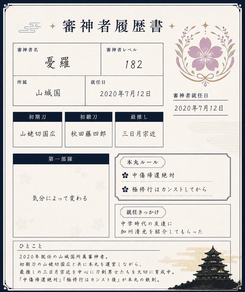 GRwlw's tweet photo. 新たに審神者履歴書をChatGPTに作ってもらいました☺️
これからも仲良くしてください！

 #審神者履歴書
 #とうらぶ好きさんと繋がりたい
 #三日月宗近推し https://t.co/2IsCF7Fp0b