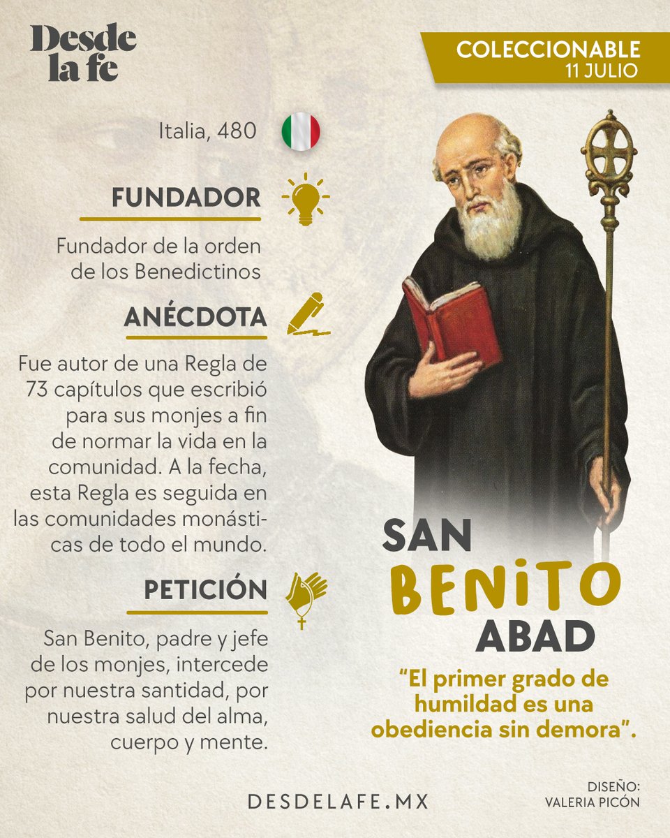 DesdeLaFeMx's tweet photo. Cada 11 de julio la Iglesia celebra a San Benito, conocido por su medalla de protección contra el mal.  🙏

📲Conócelo aquí: https://t.co/qarmwNi9KA https://t.co/NV1IjOHk8D