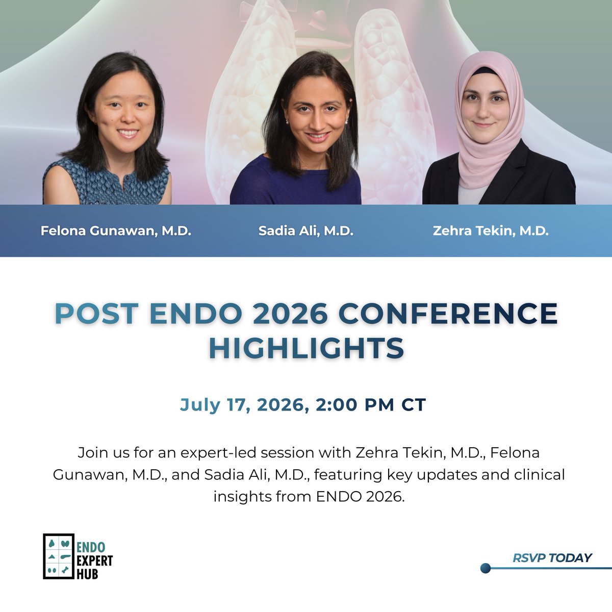 EndoExpertHub's tweet photo. 📌 Join us for a session on Post #ENDO2026 Conference Highlights with Zehra Tekin, MD, Felona Gunawan, MD, and Sadia Ali, MD as they break down the latest research, key clinical trial updates, and emerging treatment strategies in endocrinology, diabetes, metabolism, and hormone-related disorders.

⮕ Register: https://t.co/7DyuCRQhqd

🌐 Explore more: https://t.co/NLNtqdF613

#Endocrinology #Diabetes #Metabolism #HormoneHealth #EndocrineDisorders #ClinicalUpdates #MedicalEducation #CME  #EvidenceBasedMedicine #ClinicalResearch #MedEd #EndoExperts #EndoExpertHub @EYEScientists @ADA_DiabetesPro @clinicalthyroid @AmDiabetesAssn @utsw_endocrine @Eur_Thyroid_J @DiabetesRC @EDMCaseReports @AmThyroidAssn @isendo @EndocrineToday @TheEndoSociety @UTSWMedCenter @utsw_endocrine
