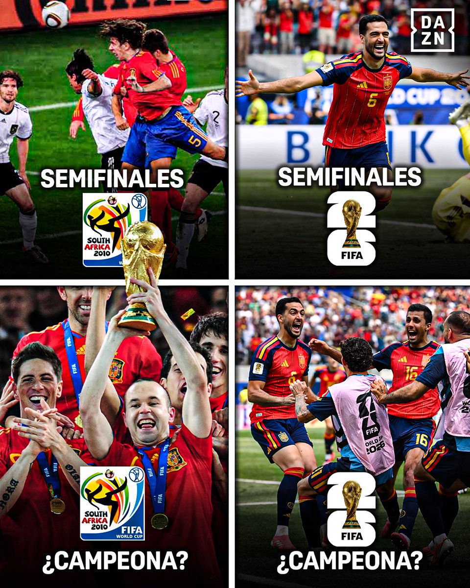 DAZNFutbol's tweet photo. CELEBRAR EL 11 DE JULIO ESTANDO EN SEMIFINALES DE UN MUNDIAL OTRA VEZ ES UNA LOCURA 😍🇪🇸

La única vez que España ha llegado a semifinales ha sido campeona 🏆

¿Llegará la segunda estrella? 🌟🌟

#DAZNMundial #FIFAWorldCup https://t.co/Cl4ntBh0ox