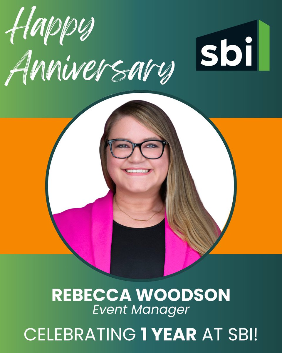 sbistaff's tweet photo. 🎉 This week, we're celebrating Rebecca Woodson's 1-Year Anniversary with SBI! 💚
Thank you for your hard work, flexibility, and dedication to creating successful events for our clients. Happy anniversary, Rebecca! 🎊
#SBIStaff #AssnChat https://t.co/8UOabEd6w8