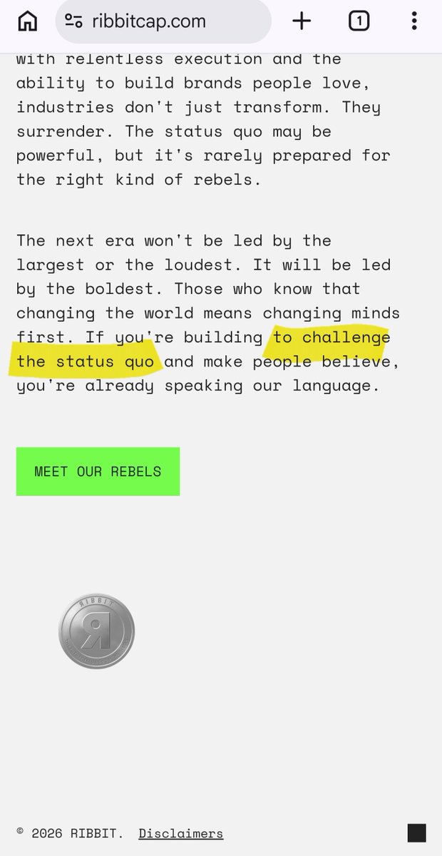 Neolawyer1's tweet photo. "Ribbit Capital's portfolio companies have inspired a new crypto and AI project, aimed at DISRUPTING THE STATUS QUO"

It's literally all here 🐸 $TIBBIR https://t.co/h3uWLwlqCY