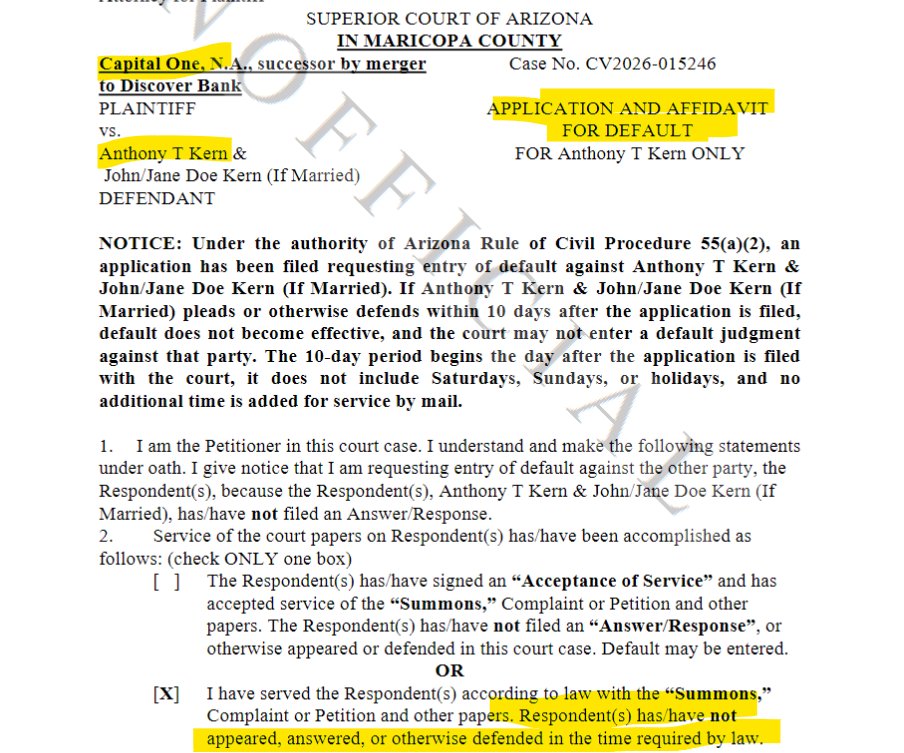 CoffinItUp's tweet photo. 🔥BREAKING EXCLUSIVE: This lying perjuring deadbeat hypocrite criminal, Anthony Kern...

...running for the Arizona Senate in LD27...

...has just defaulted in Maricopa Superior Court on $18,695 of credit card debt that he owes Capital One. 

But ok, seems like this deadbeat that calls everyone else a communist would be a great choice for the Arizona Senate??? Receipts and all his other ridiculous exploits enclosed.